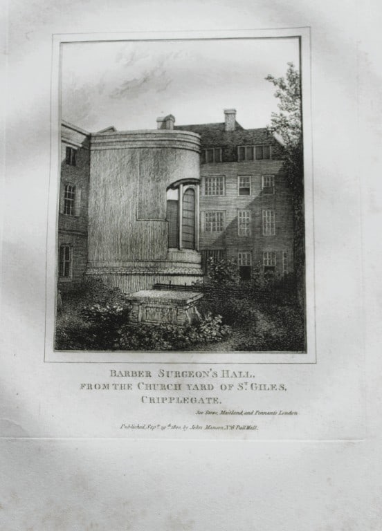 John Thomas Smith - Engraving of Barber Surgeon's Hall, London 1791: An original engraving from John Thomas Smith's Antiquities of London and its Environs. Published in London by T Sewell, J Manson et al 1791.Engraved by John Thomas "Antiquity" Smith (1766-1833), the d