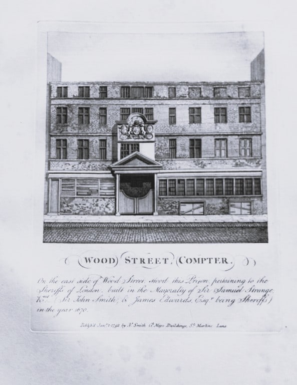 John Thomas Smith - Engraving of Wood Street, Compter, London 1791: An original engraving from John Thomas Smith's Antiquities of London and its Environs. Published in London by T Sewell, J Manson et al 1791.Engraved by John Thomas "Antiquity" Smith (1766-1833), the d
