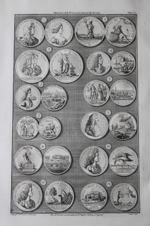 Medals of William III - Plate I by Isaac Basire 1745: A rare original large format engraving by Isaac Basire from The Heads of the Kings of England proper for Mr. Rapin?s History. Published by James, John, and Paul Knapton 1745. Originally issued in Rapi