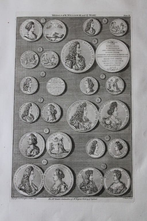 Medals of William III - Plate IV by Isaac Basire 1745: A rare original large format engraving by Isaac Basire from The Heads of the Kings of England proper for Mr. Rapin?s History. Published by James, John, and Paul Knapton 1745. Originally issued in Rapi