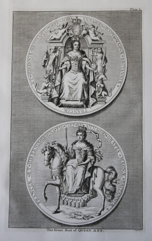 Great Seal of Queen Ann by J Mynde 1736: A rare original large format engraving by J Mynde from The Heads of the Kings of England proper for Mr. Rapin?s History. Published by James, John, and Paul Knapton 1736. Originally issued in Rapin?s H