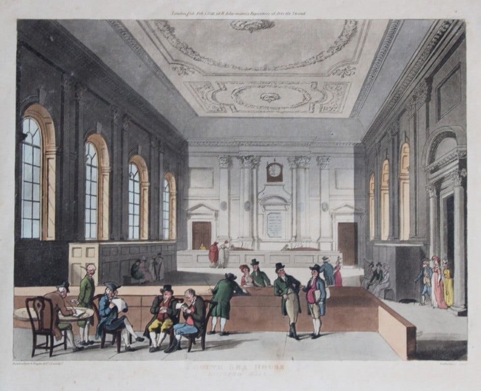 Rowlandson and Pugin - Aquatint of South Sea House, London 1808 (1 of 2)