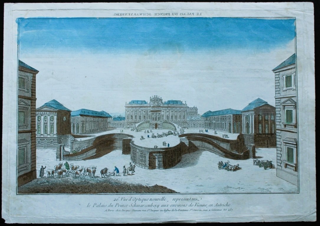 Vue d'Optique - Schwarzenberg Palace, Vienna c1770: This original hand-coloured engraving is the Vue d'Optique nouvelle, representant le Palais du Prince Schwarzenberg aux environs de Vienne, en Autriche. Published by Jacques Chereau, Paris c1770.Optic