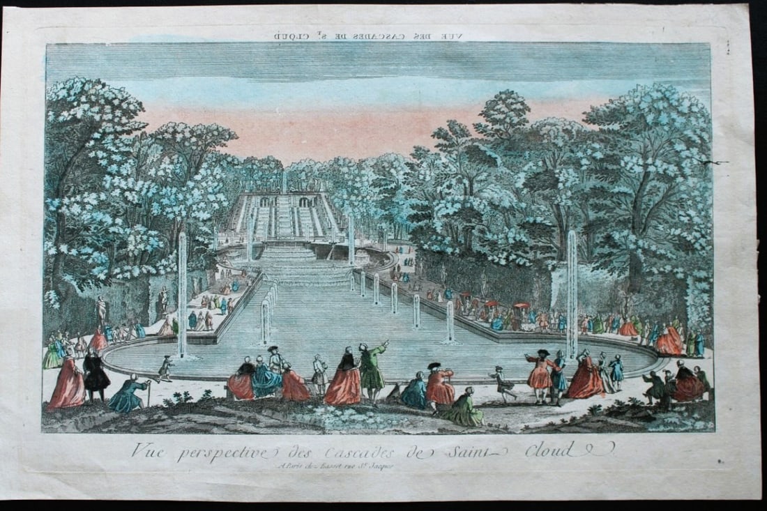 Vue d'Optique - Cascades de St. Cloud 1770: This original hand-coloured engraving is the Vue Perspective des Cascades de Saint Cloud. Published by Paul-Andre Basset, Paris c1780.This engraving illustrates the formal French garden and spectacula