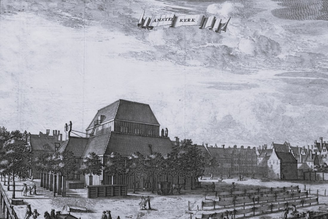 C Commelin - Engaving of Amstel Kerk, Amsterdam 1693: This engraving on hand laid paper is of Amstel Kerk - (Amstel Church) in Amsterdam and is from the first edition of Beschryvinge van Amsterdam by Casparus Commelin. 1693This work is one of the best 17