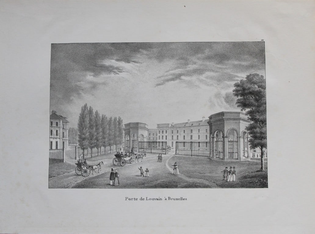 de Cloet - Porte de Louvain a Bruxelles 1825: This lithograph is from Chateaux et Monumens des Pays-Bas by Jean-Joseph de Cloet.?Published Brussels, 1825. Size: 10.5in x 9in (28cm x 22 cm)