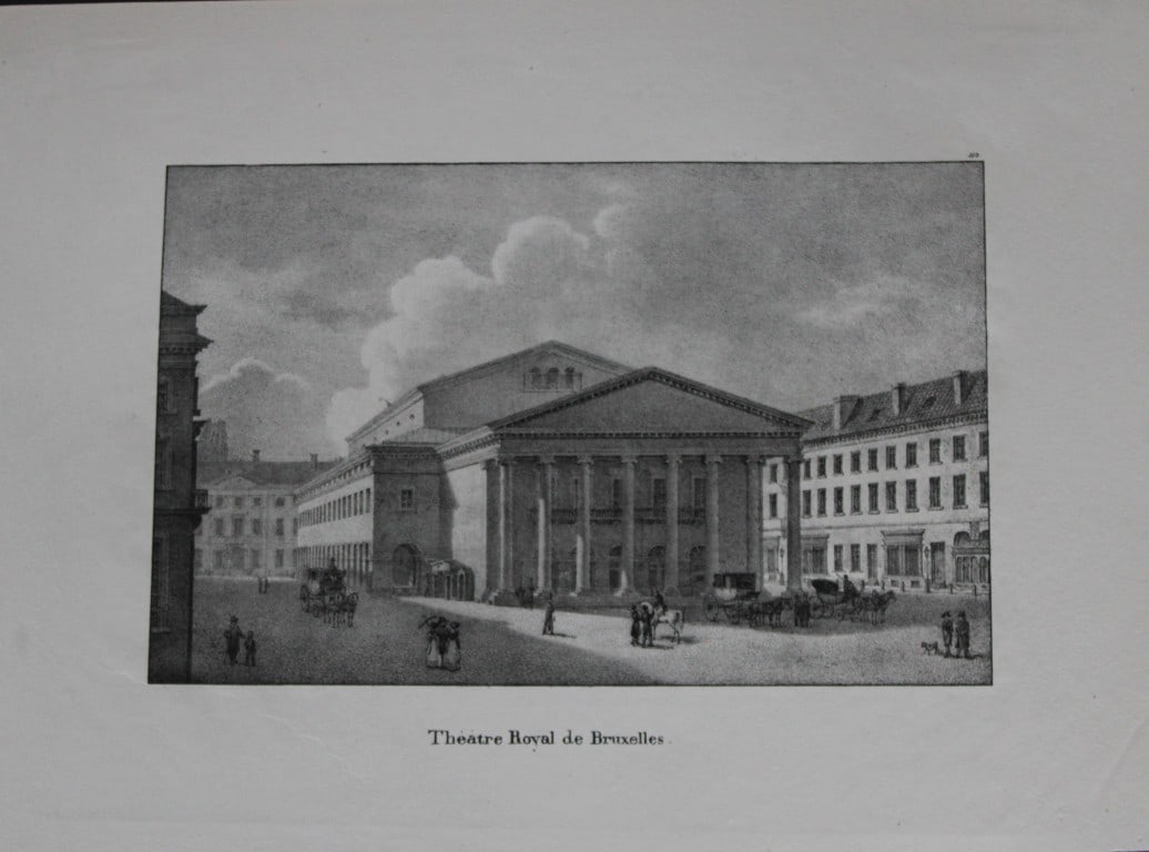de Cloet - Theatre Royal de Bruxelles 1825: This lithograph is from Chateaux et Monumens des Pays-Bas by Jean-Joseph de Cloet.?Published Brussels, 1825. Size: 10.5in x 9in (28cm x 22 cm)