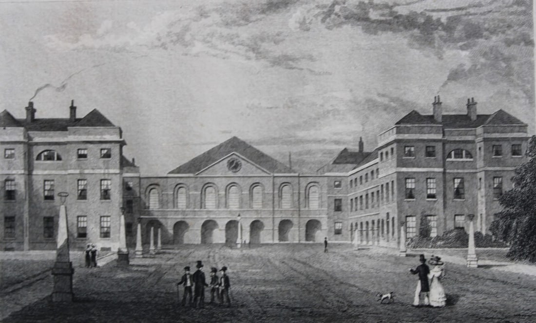 Thomas Shepherd - Foundling Hospital, London by J Henshall 1829: An elegant antique print of the old Foundling Hospital in Coram?s Fields off Guilford Street, London. Engraved by Josiah Henshall from an original study by Thomas H Shepherd, the master recorder of ni