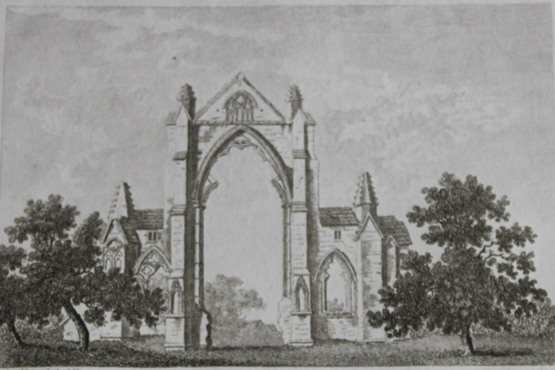 J Godfrey - Engraving of Giseburne Priory, Yorkshire 1785: This copperplate engraved print of Gisborough Priory, here called Giseburne Priory, a ruined Augustinian priory in Guisborough in the borough of Redcar and Cleveland, in the county of North Yorkshire,