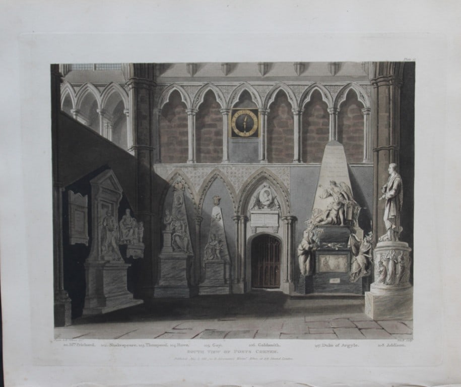 A Pugin - Poets Corner in Westminster Abbey engraved by J Bluck 1812: This aquatint print is from The History of the Abbey Church of St. Peter's Westminster, Its Antiquities and Monuments by Rudolph Ackermann and William Combe, published in London 1812.One of the quinte