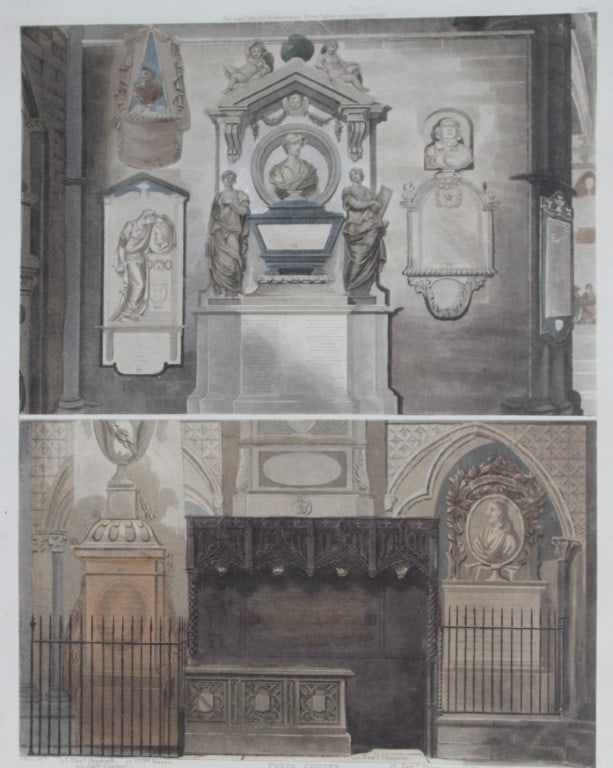 J White - Poets Corner in Westminster Abbey engraved by J Bluck 1812: This aquatint print is from The History of the Abbey Church of St. Peter's Westminster, Its Antiquities and Monuments by Rudolph Ackermann and William Combe, published in London 1812.One of the quinte