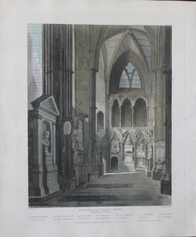 A Pugin - Entrance to Poets Corner in Westminster Abbey engraved by J Bluck 1812: This aquatint print is from The History of the Abbey Church of St. Peter's Westminster, Its Antiquities and Monuments by Rudolph Ackermann and William Combe, published in London 1812.One of the quinte