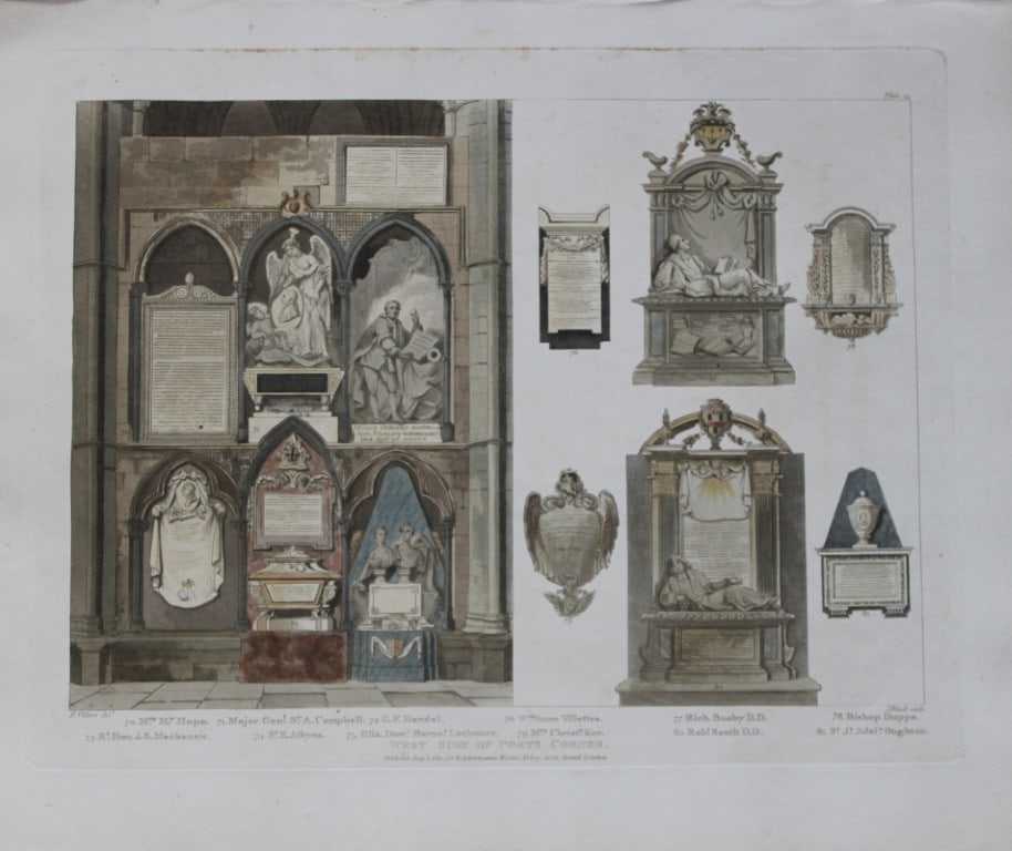 H Villiers - Poets Corner in Westminster Abbey engraved by J Bluck 1812: This aquatint print is from The History of the Abbey Church of St. Peter's Westminster, Its Antiquities and Monuments by Rudolph Ackermann and William Combe, published in London 1812.One of the quinte