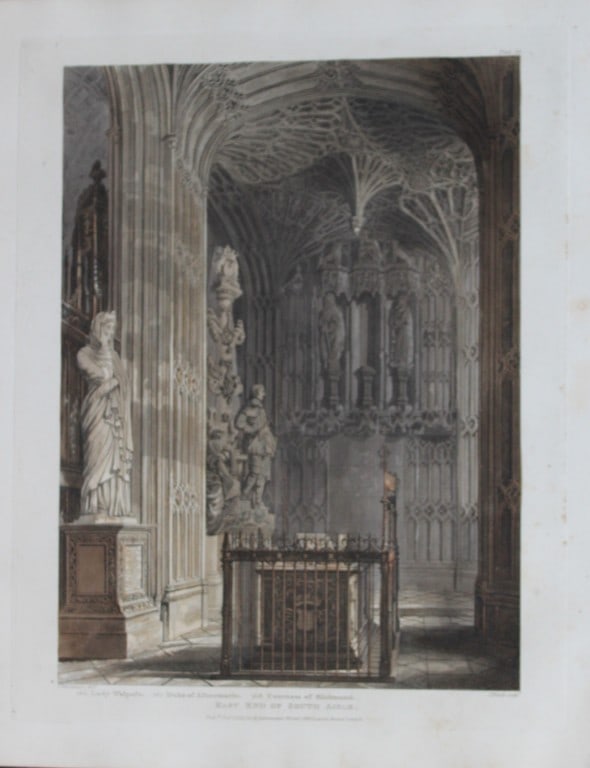 Mackenzie - South Aisle in Westminster Abbey engraved by J Bluck 1812: This aquatint print is from The History of the Abbey Church of St. Peter's Westminster, Its Antiquities and Monuments by Rudolph Ackermann and William Combe, published in London 1812.One of the quinte