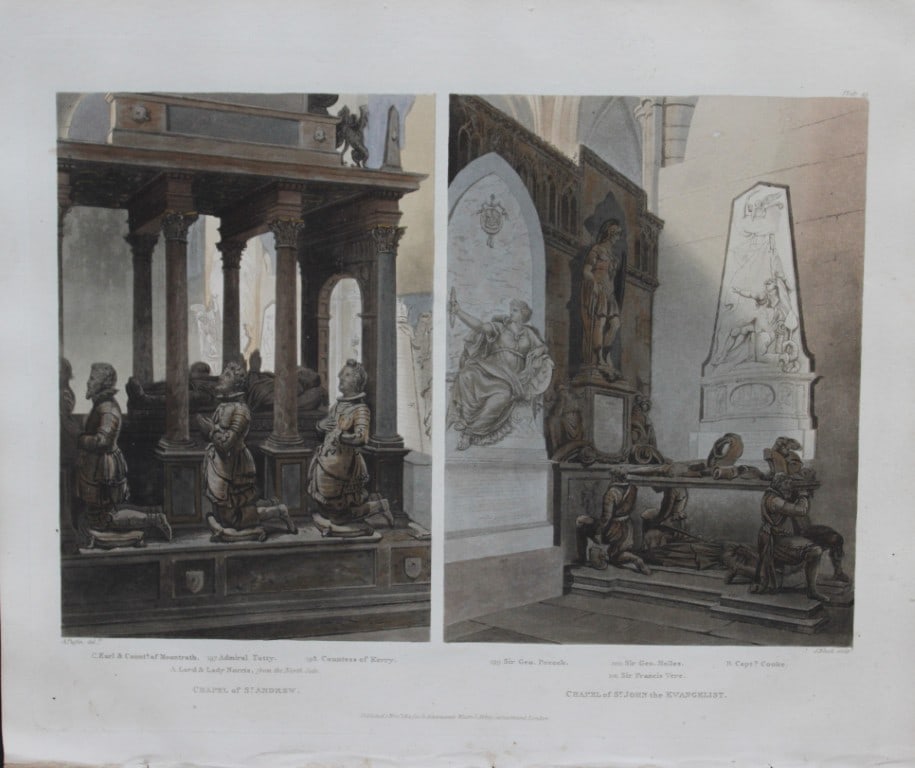 A Pugin - Chapels of St Andrews and St John in Westminster Abbey by J Bluck 1812: This aquatint print is from The History of the Abbey Church of St. Peter's Westminster, Its Antiquities and Monuments by Rudolph Ackermann and William Combe, published in London 1812.One of the quinte