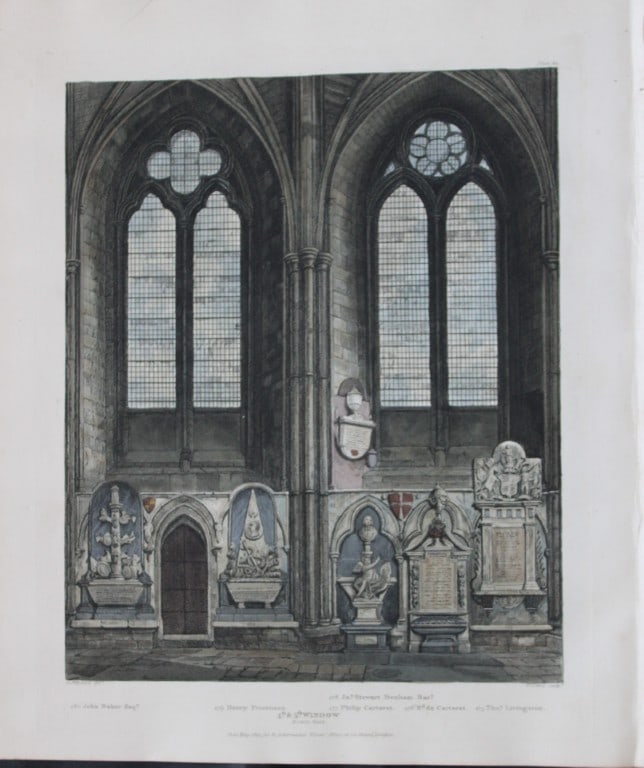 G Shepherd - 4th and 5th Windows in Westminster Abbey engraved by FC Lewis1812: This aquatint print is from The History of the Abbey Church of St. Peter's Westminster, Its Antiquities and Monuments by Rudolph Ackermann and William Combe, published in London 1812.One of the quinte