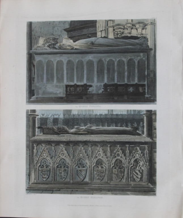 Mackenzie - Queen Eleanor in Westminster Abbey by J Bluck 1812: This aquatint print is from The History of the Abbey Church of St. Peter's Westminster, Its Antiquities and Monuments by Rudolph Ackermann and William Combe, published in London 1812.One of the quinte