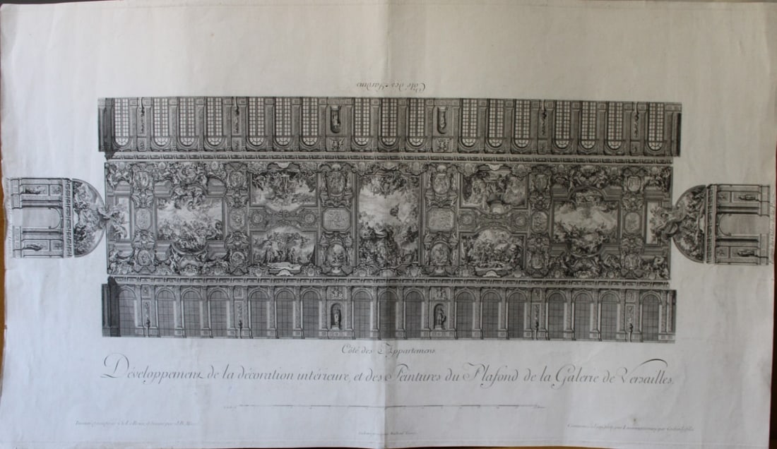 Charles Le Brun - Rare engraving of Versailles Gallery by Cochin c1760: This rare large copperplate engraving entitled D?veloppement de la d?coration int?rieure et des peintures du plafond de la Galerie de Versailles or Development of the Interior Decoration and Ceiling P