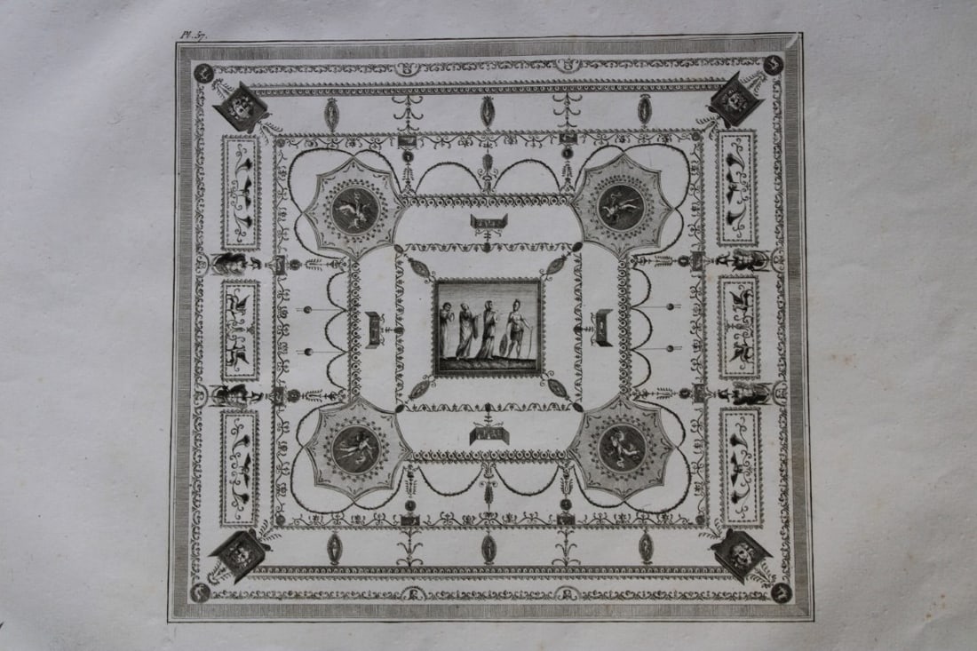 Nicolas Ponce - Original engraving of Roman frescoes by Deliens 1805: This rare copperplate engraving is from Collection des Tableaux et Arabesques Antiques, trouv?s a Rome, dans les ruines des Thermes de Titus by Nicolas Ponce. Paris, Brussels, Lyons etc: 1805. The eng