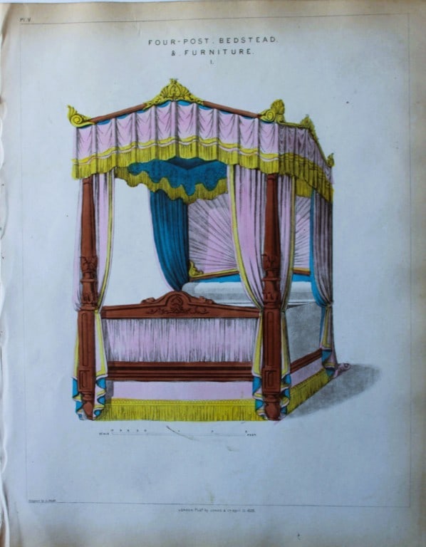George Smith - The Cabinet Maker & Upholsterer's Guide engraving 1828.: Hand-coloured copperplate engraving from George Smith?s The Cabinet-Maker and Upholsterer?s Guide, Jones and Co., London, 1828. George Smith was upholsterer and furniture draughtsman to his Majesty (t