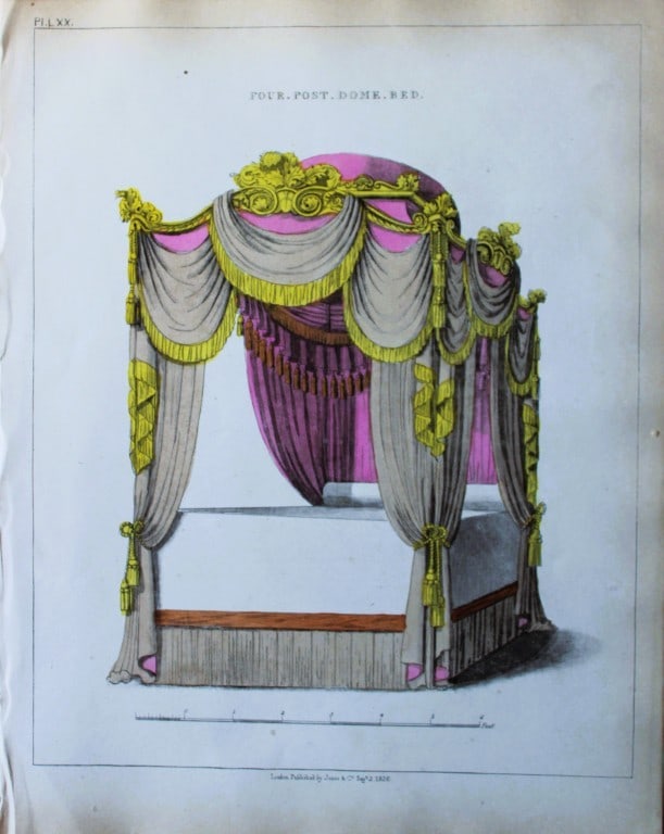 George Smith - The Cabinet Maker & Upholsterer's Guide engraving 1828.: Hand-coloured copperplate engraving from George Smith?s The Cabinet-Maker and Upholsterer?s Guide, Jones and Co., London, 1828. George Smith was upholsterer and furniture draughtsman to his Majesty (t