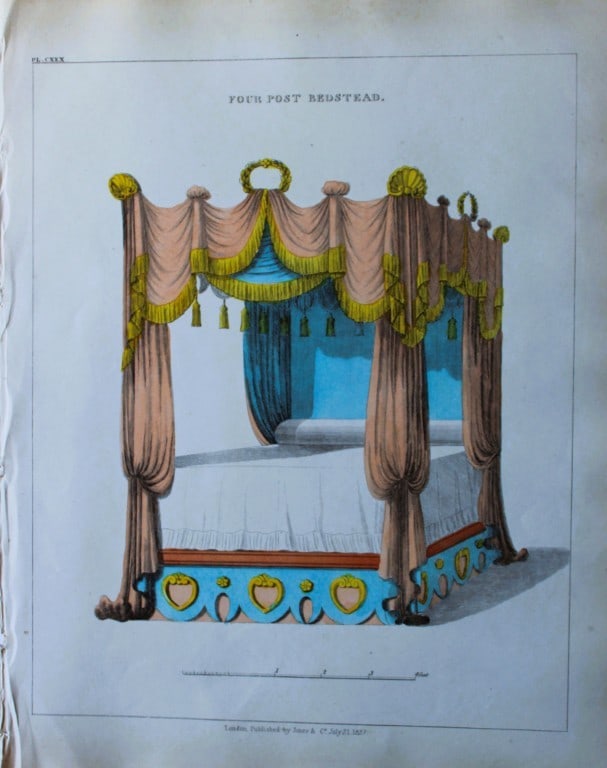 George Smith - The Cabinet Maker & Upholsterer's Guide engraving 1828.: Hand-coloured copperplate engraving from George Smith?s The Cabinet-Maker and Upholsterer?s Guide, Jones and Co., London, 1828. George Smith was upholsterer and furniture draughtsman to his Majesty (t