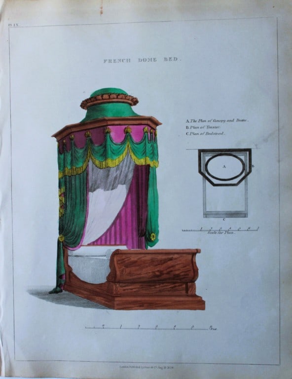 George Smith - The Cabinet Maker & Upholsterer's Guide engraving 1828.: Hand-coloured copperplate engraving from George Smith?s The Cabinet-Maker and Upholsterer?s Guide, Jones and Co., London, 1828. George Smith was upholsterer and furniture draughtsman to his Majesty (t