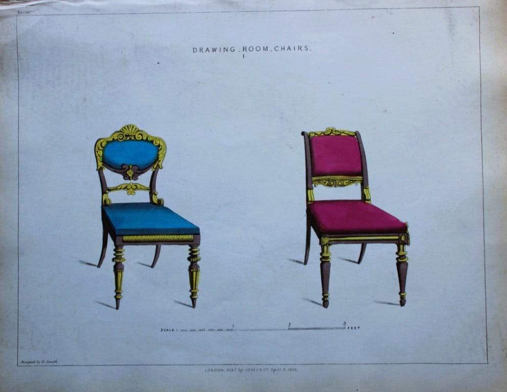 George Smith - The Cabinet Maker & Upholsterer's Guide engraving 1828.: Hand-coloured copperplate engraving from George Smith?s The Cabinet-Maker and Upholsterer?s Guide, Jones and Co., London, 1828. George Smith was upholsterer and furniture draughtsman to his Majesty (t