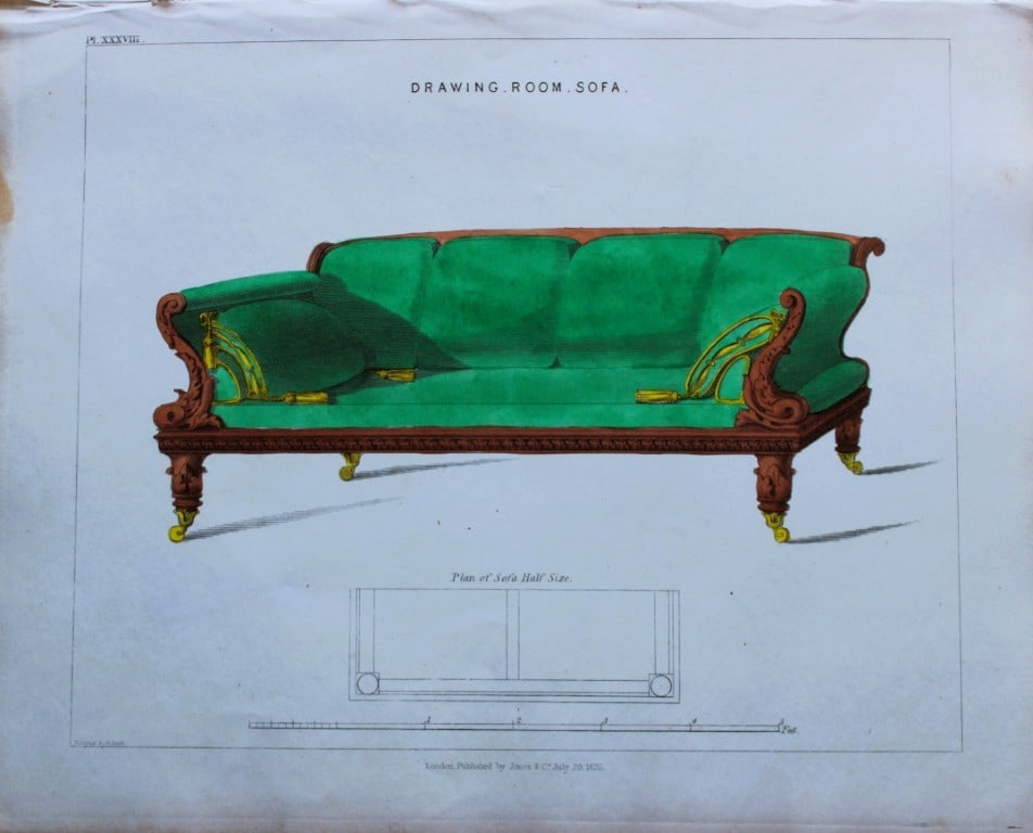George Smith - The Cabinet Maker & Upholsterer's Guide engraving 1828.: Hand-coloured copperplate engraving from George Smith?s The Cabinet-Maker and Upholsterer?s Guide, Jones and Co., London, 1828. George Smith was upholsterer and furniture draughtsman to his Majesty (t