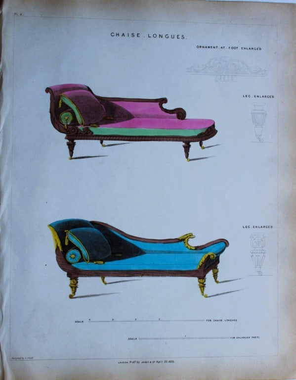 George Smith - The Cabinet Maker & Upholsterer's Guide engraving 1828.: Hand-coloured copperplate engraving from George Smith?s The Cabinet-Maker and Upholsterer?s Guide, Jones and Co., London, 1828. George Smith was upholsterer and furniture draughtsman to his Majesty (t