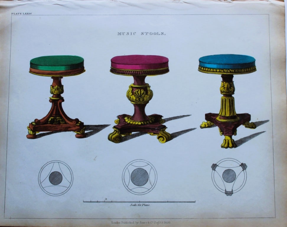 George Smith - The Cabinet Maker & Upholsterer's Guide engraving 1828.: Hand-coloured copperplate engraving from George Smith?s The Cabinet-Maker and Upholsterer?s Guide, Jones and Co., London, 1828. George Smith was upholsterer and furniture draughtsman to his Majesty (t