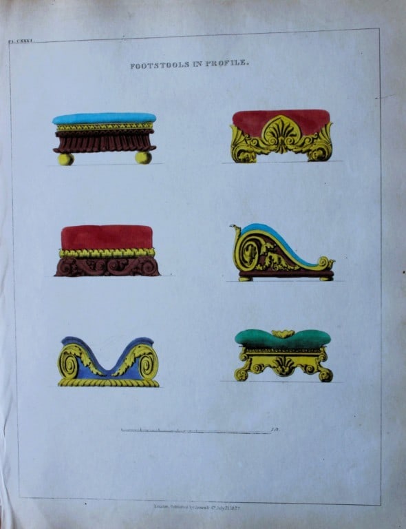 George Smith - The Cabinet Maker & Upholsterer's Guide engraving 1828.: Hand-coloured copperplate engraving from George Smith?s The Cabinet-Maker and Upholsterer?s Guide, Jones and Co., London, 1828. George Smith was upholsterer and furniture draughtsman to his Majesty (t