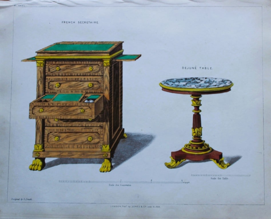 George Smith - The Cabinet Maker & Upholsterer's Guide engraving 1828.: Hand-coloured copperplate engraving from George Smith?s The Cabinet-Maker and Upholsterer?s Guide, Jones and Co., London, 1828. George Smith was upholsterer and furniture draughtsman to his Majesty (t