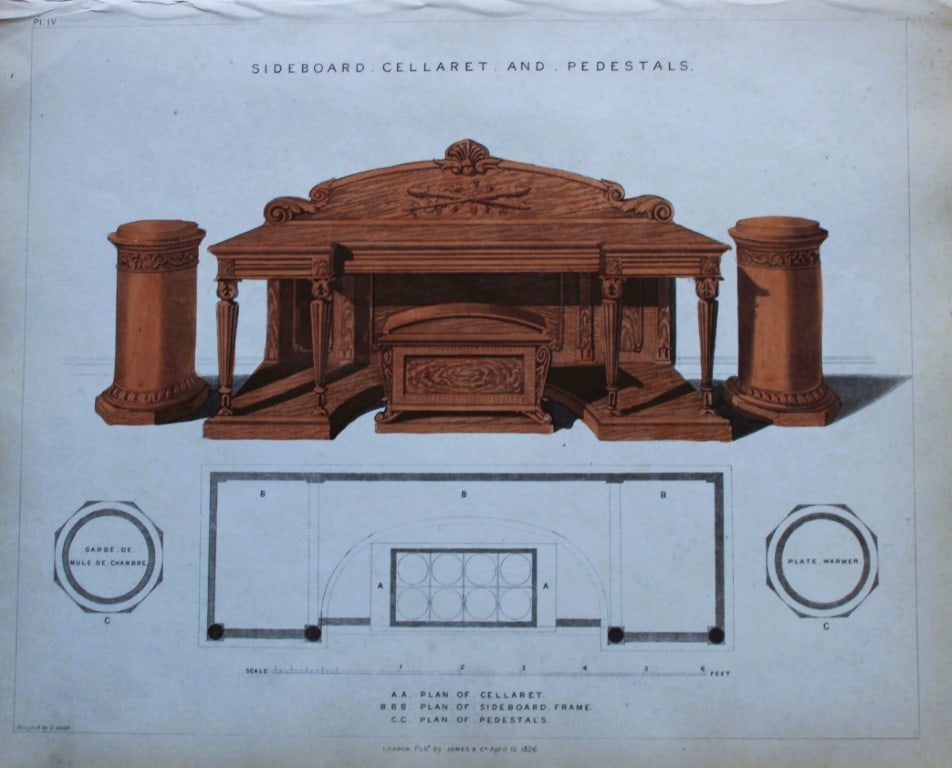 George Smith - The Cabinet Maker & Upholsterer's Guide engraving 1828.: Hand-coloured copperplate engraving from George Smith?s The Cabinet-Maker and Upholsterer?s Guide, Jones and Co., London, 1828. George Smith was upholsterer and furniture draughtsman to his Majesty (t