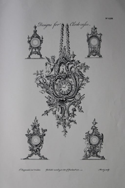 Thomas Chippendale - Original engraving of Clock Cases 1762: This copperplate engraving is from the third edition of The Gentleman and Cabinet-Maker's Director: being a large collection of the most elegant and useful designs of household furniture, in the most