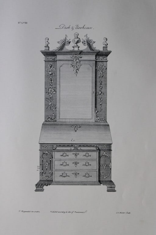 Thomas Chippendale - Original engraving of Desk & Bookcase 1762: This copperplate engraving is from the third edition of The Gentleman and Cabinet-Maker's Director: being a large collection of the most elegant and useful designs of household furniture, in the most