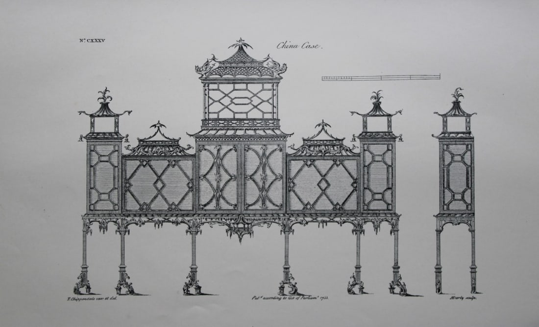 Thomas Chippendale - Original engraving of a China Case 1762: This copperplate engraving is from the third edition of The Gentleman and Cabinet-Maker's Director: being a large collection of the most elegant and useful designs of household furniture, in the most