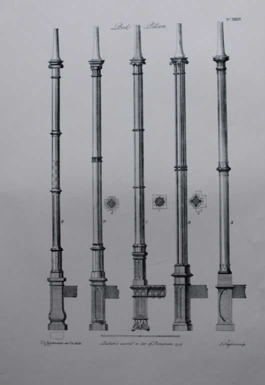 Thomas Chippendale - Original engraving of Bed Pillars 1762: This copperplate engraving is from the third edition of The Gentleman and Cabinet-Maker's Director: being a large collection of the most elegant and useful designs of household furniture, in the most
