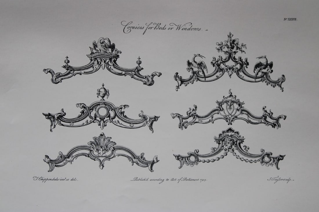 Thomas Chippendale - Original engraving of Cornices for Beds 1762: This copperplate engraving is from the third edition of The Gentleman and Cabinet-Maker's Director: being a large collection of the most elegant and useful designs of household furniture, in the most