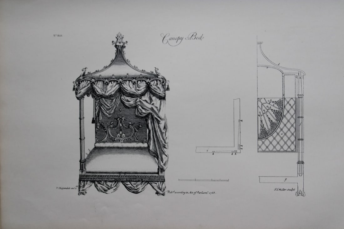 Thomas Chippendale - Original engraving of a Canopy Bed 1762: This copperplate engraving is from the third edition of The Gentleman and Cabinet-Maker's Director: being a large collection of the most elegant and useful designs of household furniture, in the most
