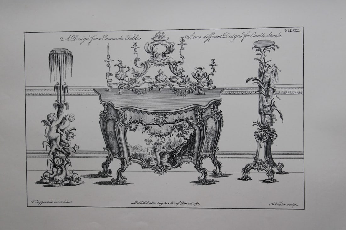 Thomas Chippendale - Original engraving of a Commode Table 1762: This copperplate engraving is from the third edition of The Gentleman and Cabinet-Maker's Director: being a large collection of the most elegant and useful designs of household furniture, in the most