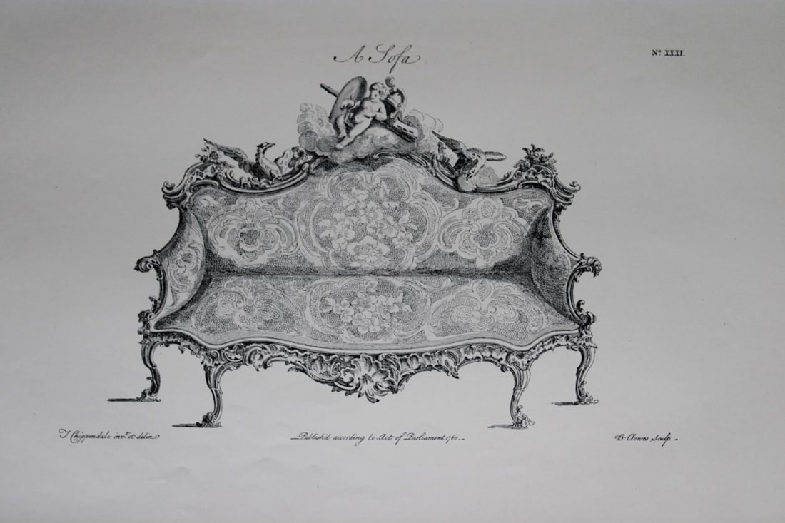 Thomas Chippendale - Original engraving of Sofa 1762: This copperplate engraving is from the third edition of The Gentleman and Cabinet-Maker's Director: being a large collection of the most elegant and useful designs of household furniture, in the most