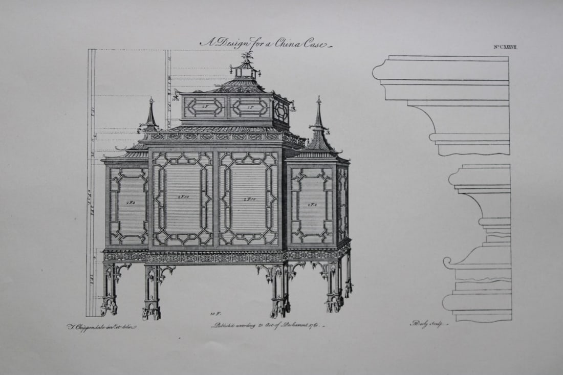 Thomas Chippendale - Original engraving of a China Case 1762: This copperplate engraving is from the third edition of The Gentleman and Cabinet-Maker's Director: being a large collection of the most elegant and useful designs of household furniture, in the most
