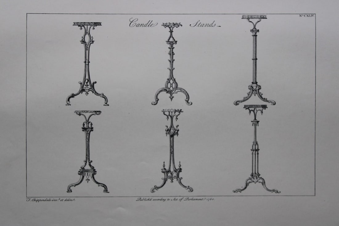 Thomas Chippendale - Original engraving of Candle Stands 1762: This copperplate engraving is from the third edition of The Gentleman and Cabinet-Maker's Director: being a large collection of the most elegant and useful designs of household furniture, in the most
