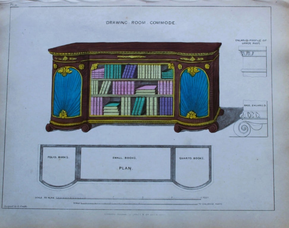George Smith - The Cabinet Maker & Upholsterer's Guide engraving 1828.: Hand-coloured copperplate engraving from George Smith?s The Cabinet-Maker and Upholsterer?s Guide, Jones and Co., London, 1828. George Smith was upholsterer and furniture draughtsman to his Majesty (t