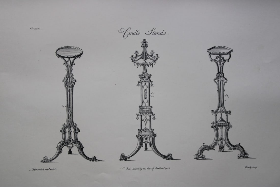 Thomas Chippendale - Original engraving of Candle Stands 1762: This copperplate engraving is from the third edition of The Gentleman and Cabinet-Maker's Director: being a large collection of the most elegant and useful designs of household furniture, in the most
