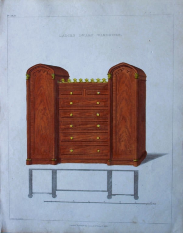 George Smith - The Cabinet Maker & Upholsterer's Guide engraving 1828.: Hand-coloured copperplate engraving from George Smith?s The Cabinet-Maker and Upholsterer?s Guide, Jones and Co., London, 1828. George Smith was upholsterer and furniture draughtsman to his Majesty (t