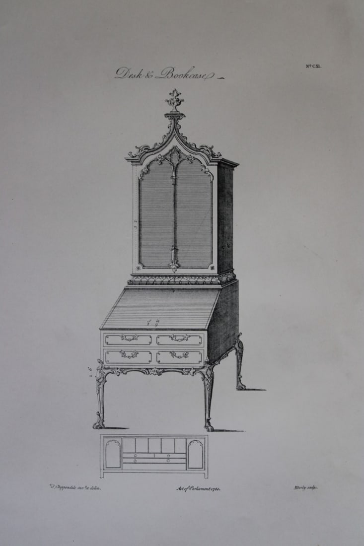 Thomas Chippendale - Original engraving of Desk & Bookcase 1762: This copperplate engraving is from the third edition of The Gentleman and Cabinet-Maker's Director: being a large collection of the most elegant and useful designs of household furniture, in the most