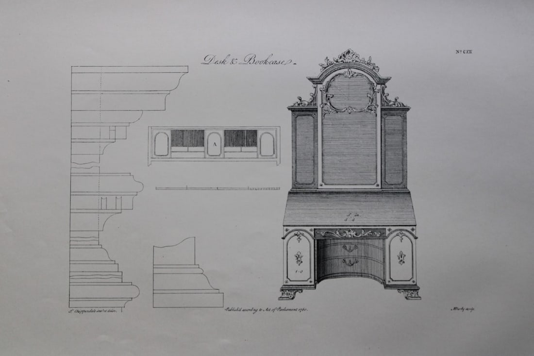 Thomas Chippendale - Original engraving of Desk & Bookcase 1762: This copperplate engraving is from the third edition of The Gentleman and Cabinet-Maker's Director: being a large collection of the most elegant and useful designs of household furniture, in the most
