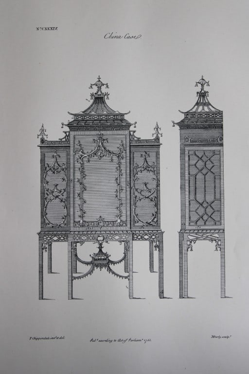 Thomas Chippendale - Original engraving of a China Case 1762: This copperplate engraving is from the third edition of The Gentleman and Cabinet-Maker's Director: being a large collection of the most elegant and useful designs of household furniture, in the most